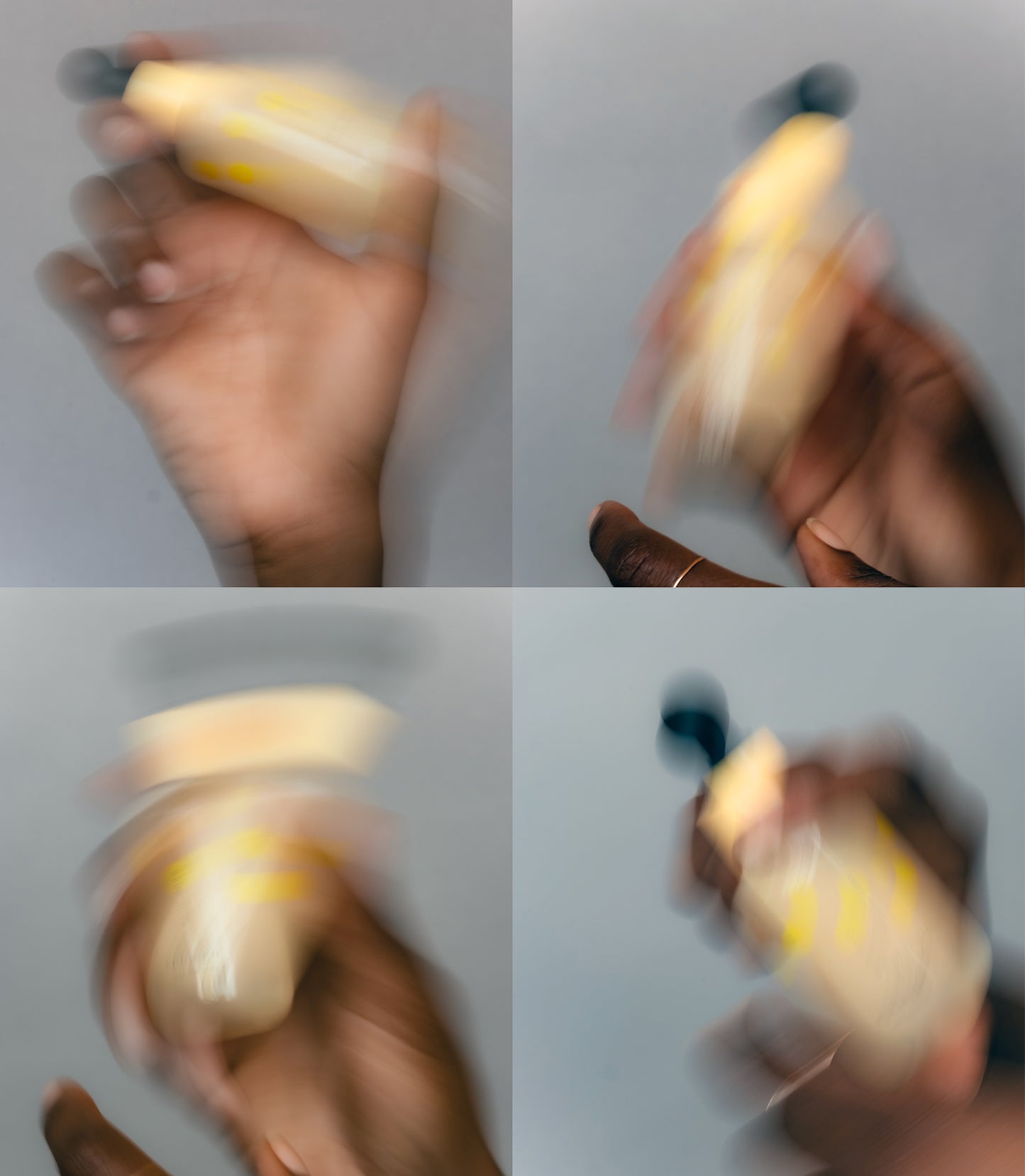 Four-quadrant view of a hand holding a small object against a plain background
